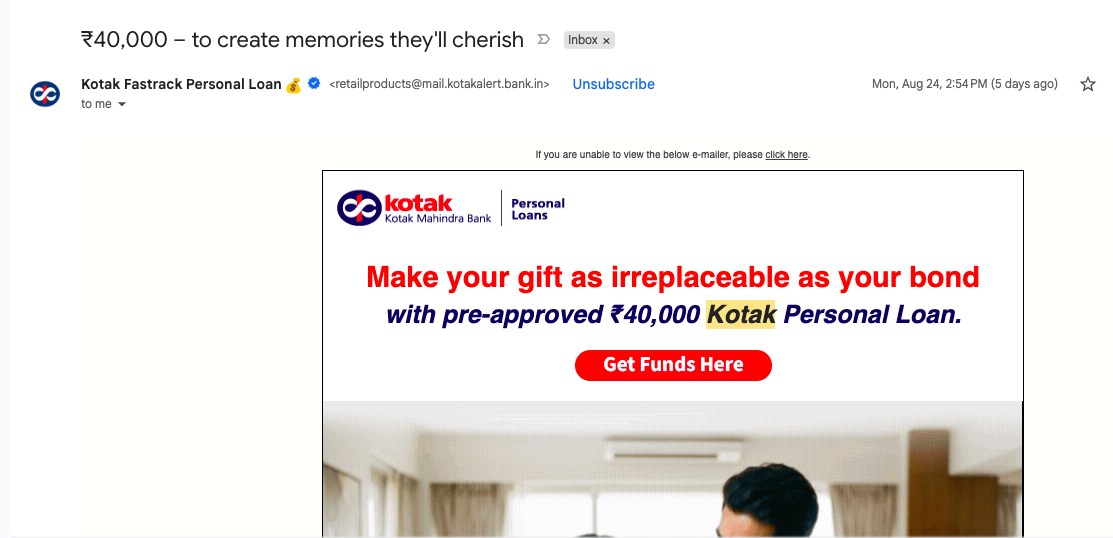Gmail message dated Tuesday 21 April, 2:45 pm, from Kotak Fastrack Personal Loan, a verified sender at retailproducts@mail.kotak.in, with an Unsubscribe link and a SocialMedia label. Subject line: Psst, ₹40,000 is almost yours, followed by eyes and money-bag emoji. The email body reads: A plan on hold? Your ₹40,000 can make it happen. Get it instantly with Kotak Personal Loan, above a red Get Instant Funds button.