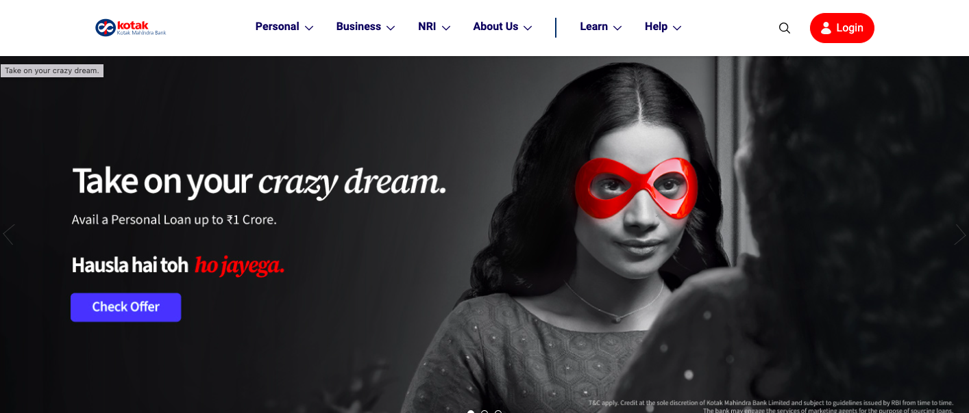 Screenshot of the Kotak Mahindra Bank homepage. The navigation bar shows Personal, Business, NRI, About Us, Learn and Help, with a red Login button. The hero reads: Take on your crazy dream. Avail a Personal Loan up to ₹1 Crore. Hausla hai toh ho jayega. A blue Check Offer button sits below. Fine print at the bottom right reads that credit is at the sole discretion of Kotak Mahindra Bank Limited and subject to RBI guidelines, and that the bank may engage the services of marketing agents for the purpose of sourcing loans.