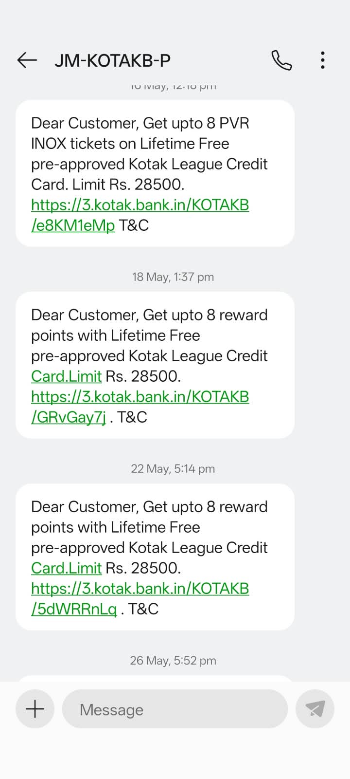 SMS thread from JM-KOTAKB-P in May 2026. 16 May: up to 8 PVR INOX tickets on Lifetime Free pre-approved Kotak League Credit Card, limit Rs. 28500. 18 May and 22 May: up to 8 reward points with the same card, identical wording both times.