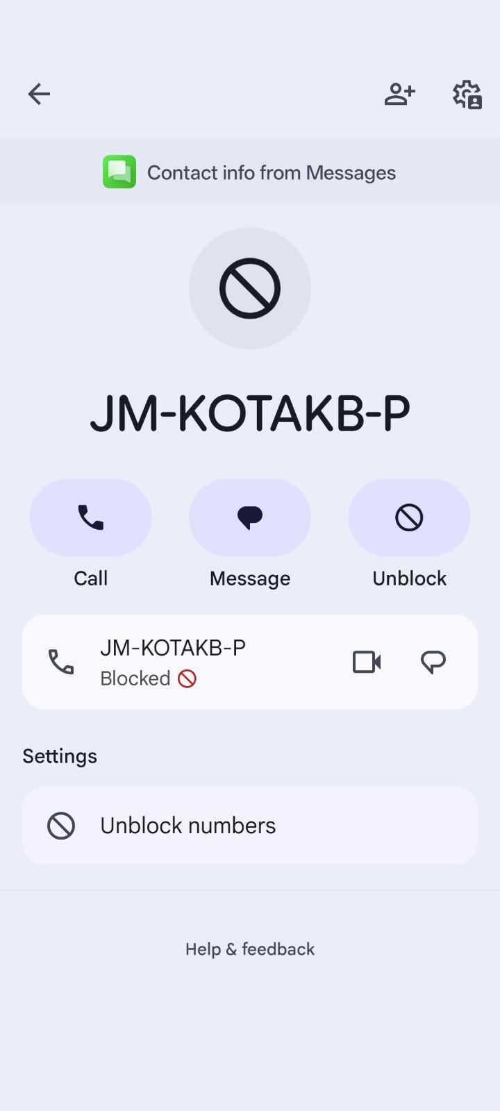 Android contact screen for the sender ID JM-KOTAKB-P showing a large blocked symbol, the status Blocked with a red no-entry icon, and Call, Message and Unblock actions, confirming that this Kotak Mahindra Bank sender was blocked on this phone.