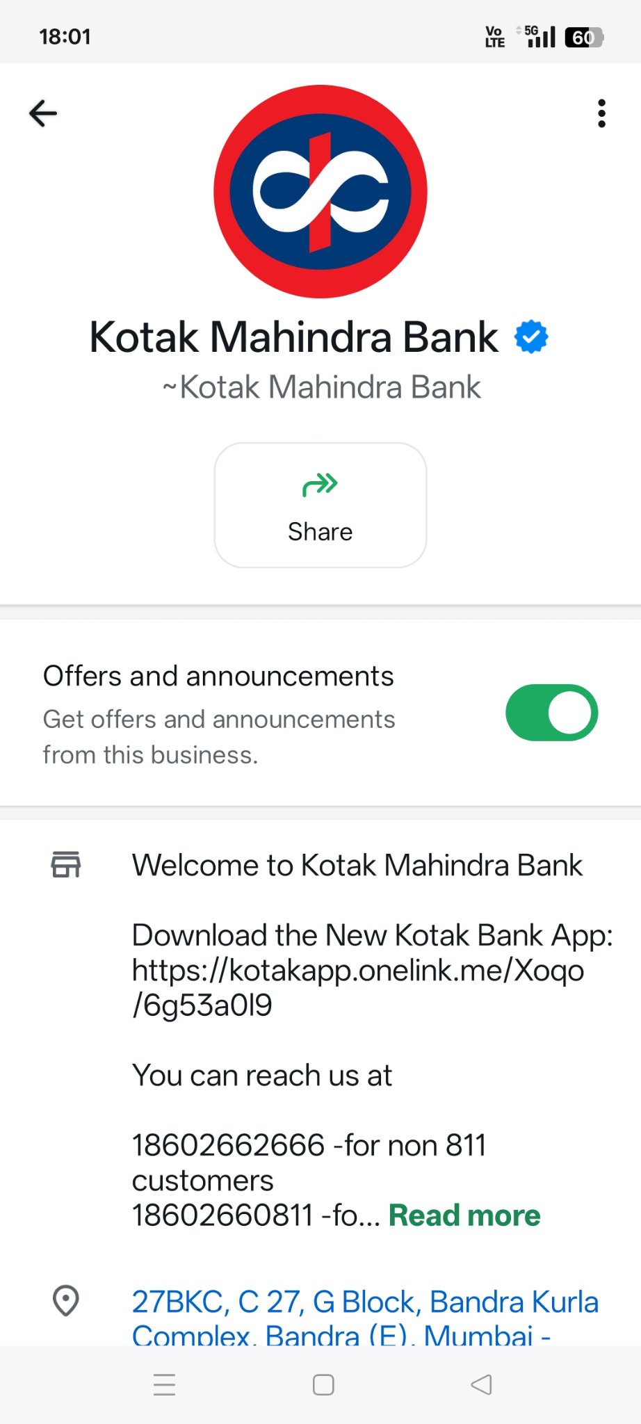 WhatsApp business profile for Kotak Mahindra Bank with a blue verified tick. The Offers and announcements toggle is switched on. The welcome message lists a link to download the Kotak Bank App, the numbers 18602662666 and 18602660811, and the address 27BKC, C 27, G Block, Bandra Kurla Complex, Bandra East, Mumbai.